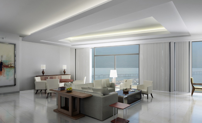 The living room captures clean views of the sea.