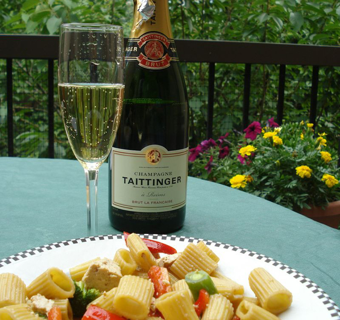 Taittinger Brut La Francaise Champagne and Tofu Szechuan Salad.