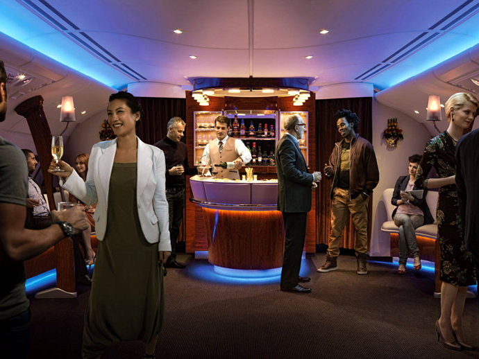 Take a mid flight break and stretch your legs in Emirates Onboard Lounge. Photo by Emirates