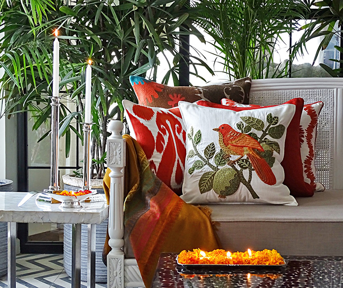 Beautifully embroidered decorative cushions by Sarita Handa.
