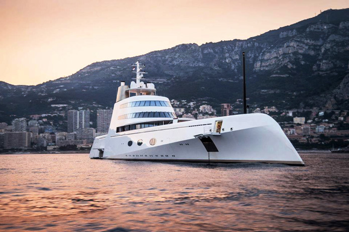 The luxury motor yacht ‘A’ built at a rumoured cost of $300 million for a Russian billionaire and designed by Martin Francis and Philippe Starck.  Copyright@The Luxe Café