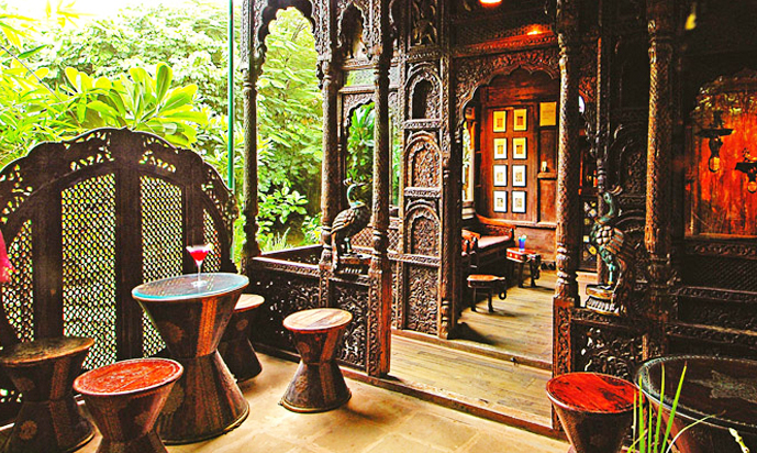 PEACOCK BAR AT | The Tree House Resort happens to be a 400 year old relic from the Mughal era, with intricately carved peacocks and elephants running along its length and breadth