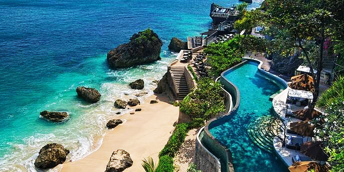The outer view of the resort with a ocean beach