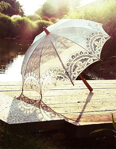 FOR SUNNIER CLIMES | Elegant white umbrella with vintage Battenburg lace for a day out