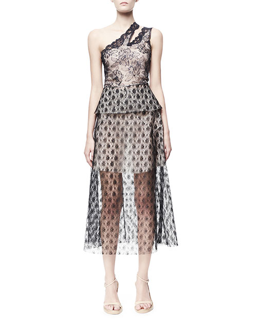 IN AND OUT | Stella Mccartney’s one-shoulder rosebud lace dress adds that hint of spice to the just sexy
