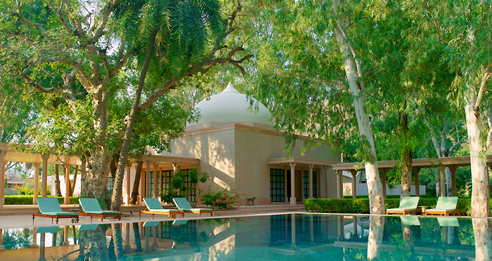 Pool at Amanbagh surrounded by lush green area