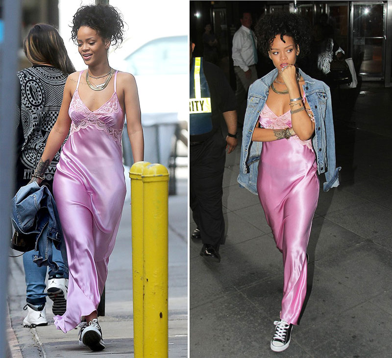 ROCKING IT AGAIN | Rihanna in a silk nightie with sneakers and a denim jacket to complete her street chic