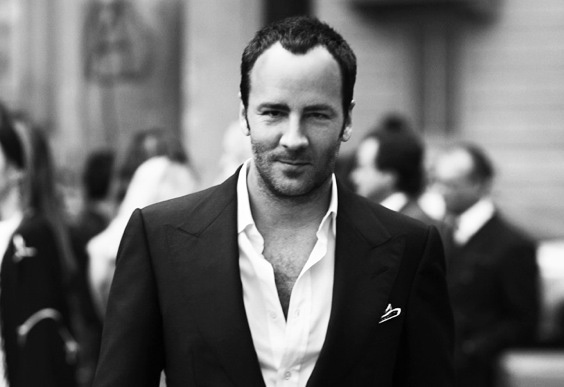 TOM FORD | One of the most celebrated American designer sports monochromatic power and a cool vibe in an open – necked white shirt