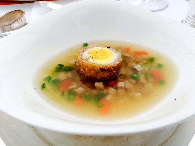 SCOTCH EGG BROTH | A traditional 1700’s British egg preparation served with broth, made with minced pieces of lamb neck, barley and vegetables