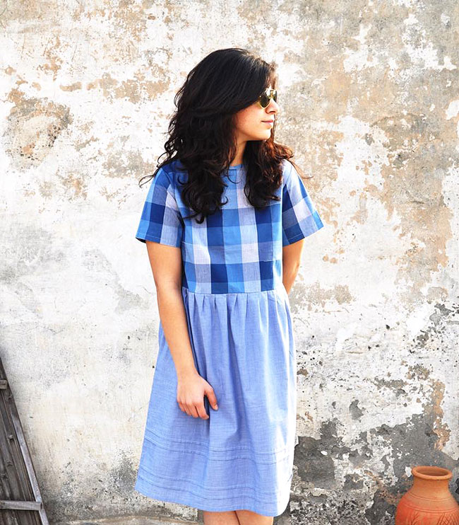 CHECK IN COOL | A preppy combination of blue checks and solid light blue cotton, this dress is perfect for a day out shopping or even for a Friday at work