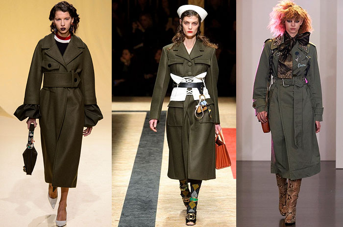 TRENCH CENTRAL | The runways turned green with military and safari inspired trenches, as exemplified here with designs from Prada, Burberry and Marc Jacob