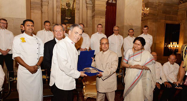 Chef Montu Saini with CCC Founder Giles Braggard, Chef Mike Flanagan and the President of India, Pranab Mukherjee