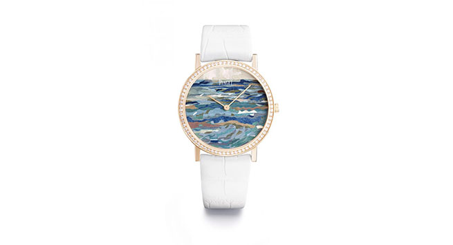 The Infinite Waves Watch with 78 brilliant cut diamonds and parchment marquetry paints a picture of the Mediterranean Sea at dawn