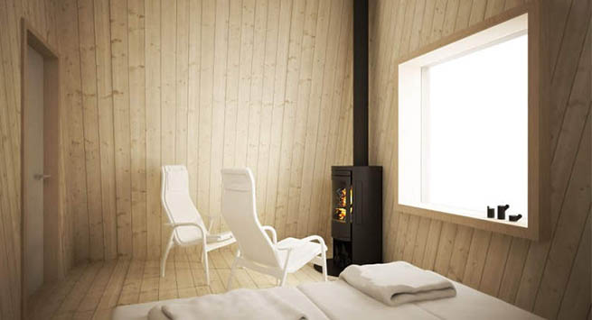 Minimalistic, Nordic style cabins have skylights to gaze at the Aurora Borealis right from your bed