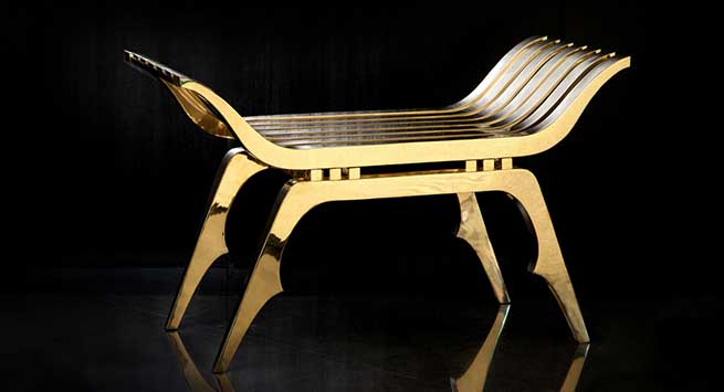 Masculine, art-deco inspired bespoke bench for Christian Louboutin Men’s stores in London and New York