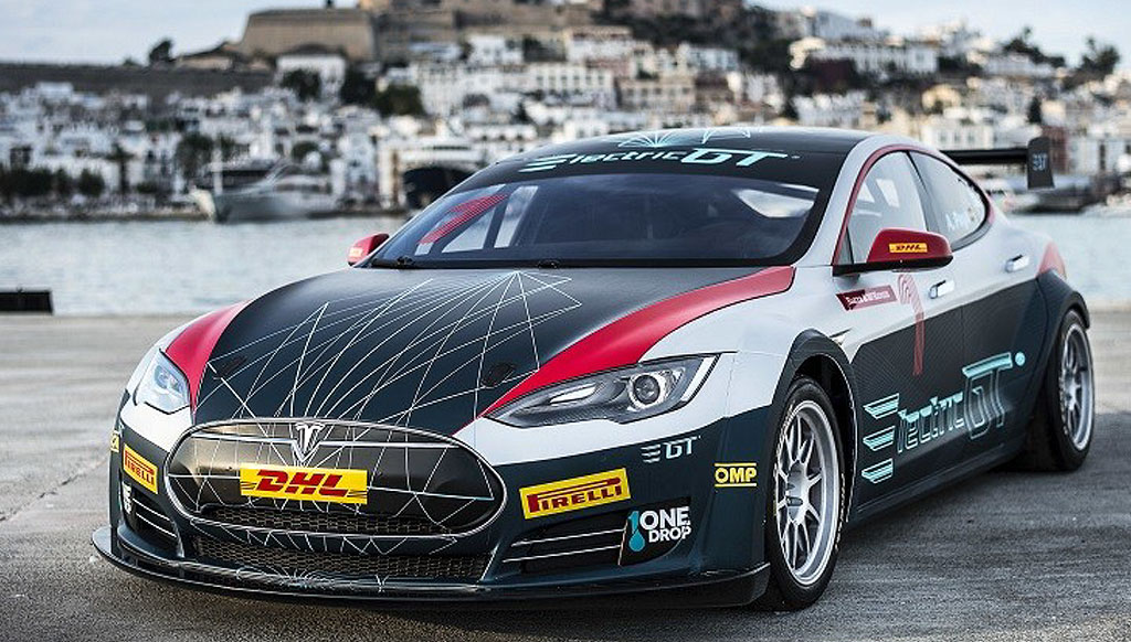 The all-electric Tesla Model S turns race car