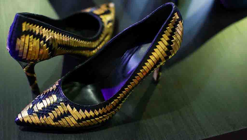 Gold embossed, diamond-encrusted pumps at Leatherworld Dubai