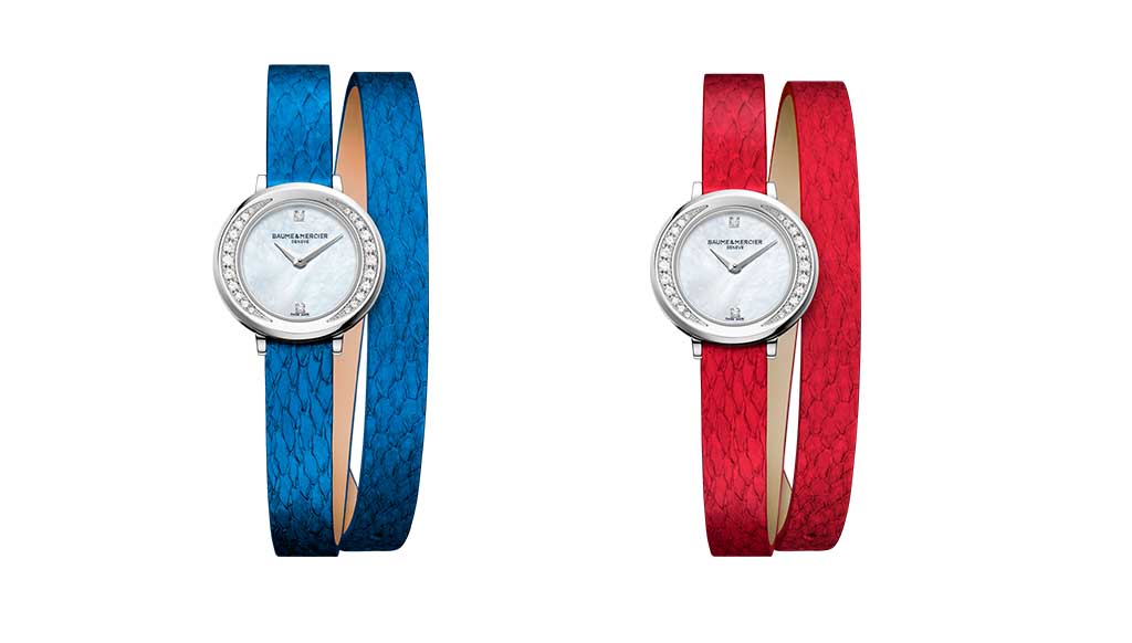 Baume & Mercier’s new Petite Promesse watches in Banka fish leather